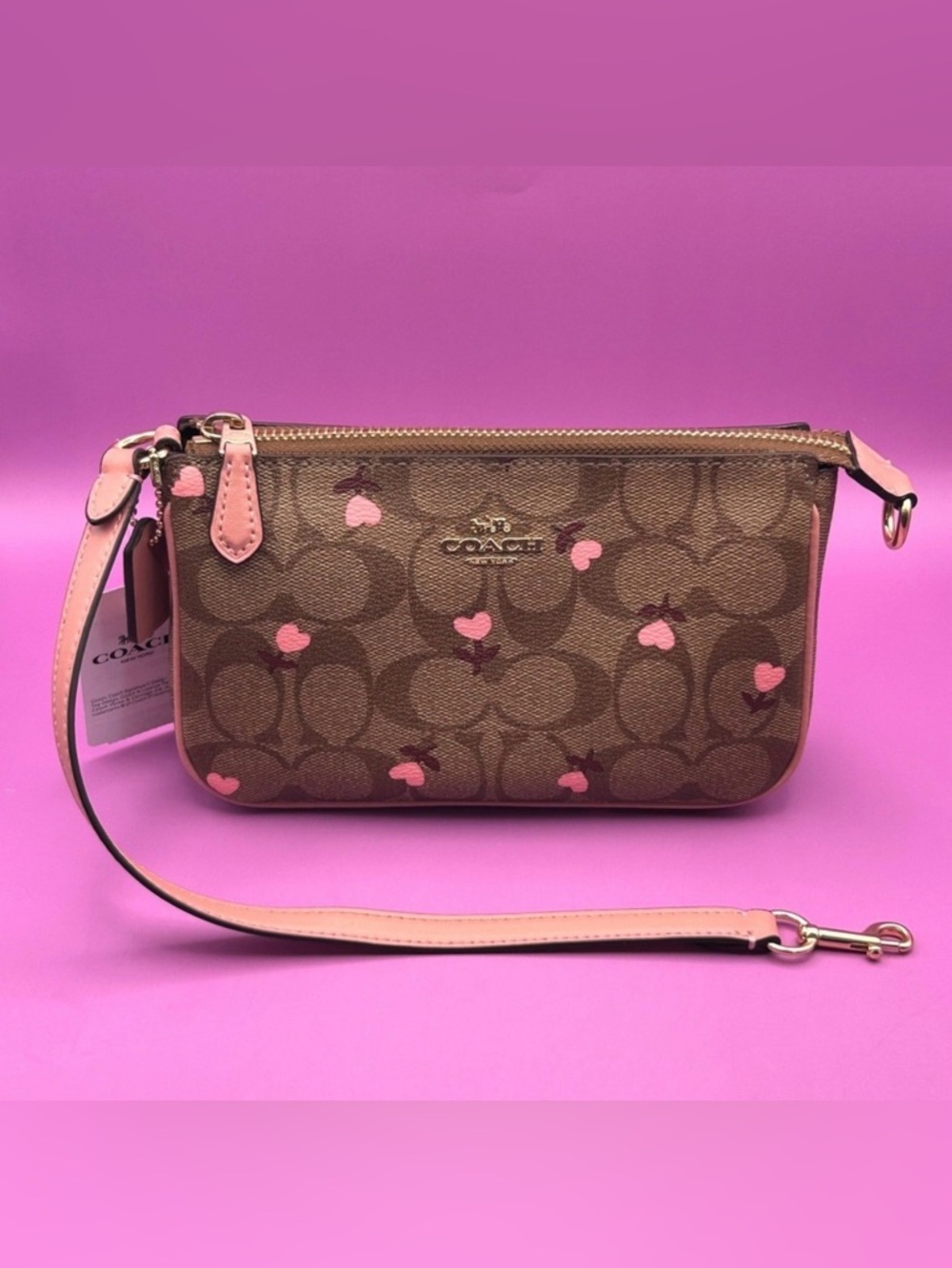 Coach Nolita 19 Signature Canvas Pink Heart Floral Print Wristlet